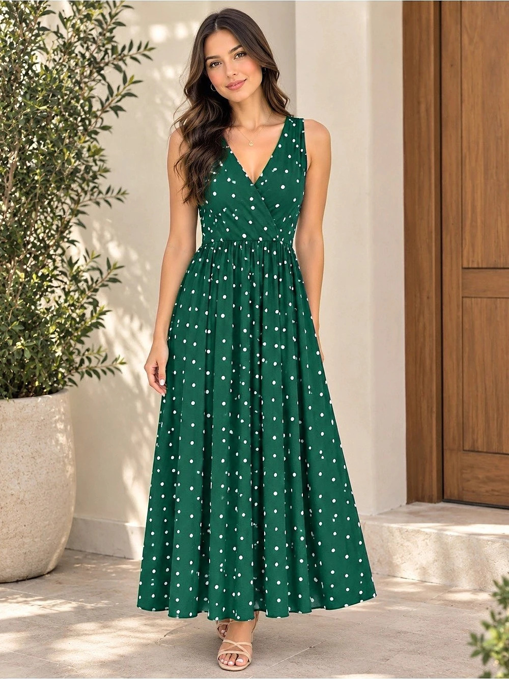 Women's Polka Dot Midi 15 Dress in Green